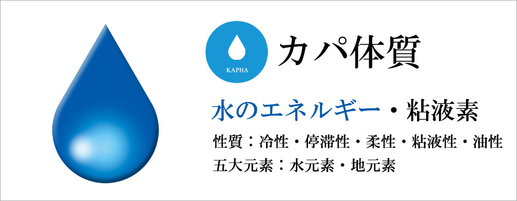 カパ体質、水のエネルギー・粘液素、性質：冷性・停滞性・柔性・粘液性・油性、五大元素：水元素・地元素